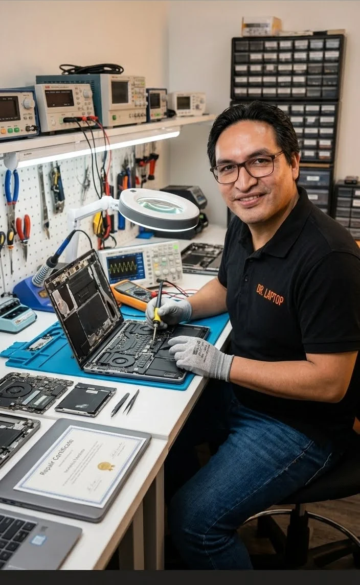 Técnico de Dr. Laptop reparando una laptop en su taller de Azcapotzalco